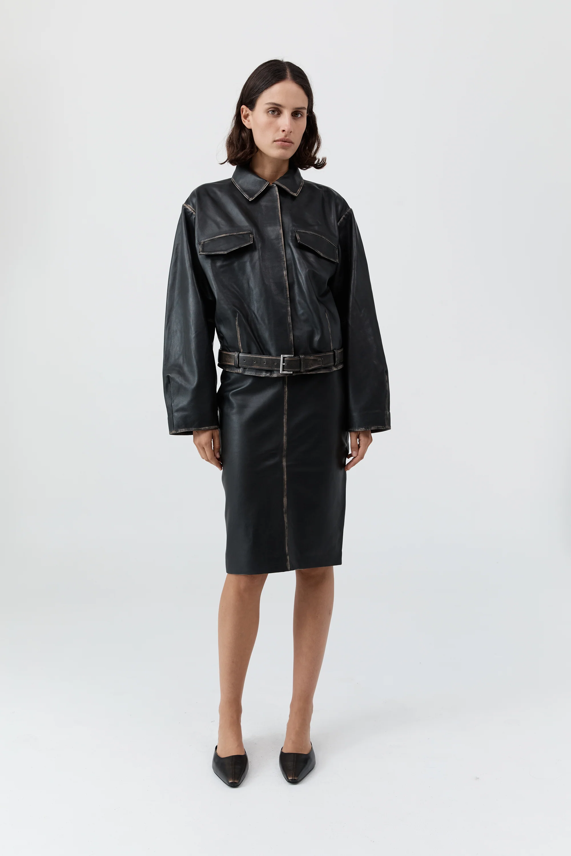 Brushed Leather Belted Jacket - Black