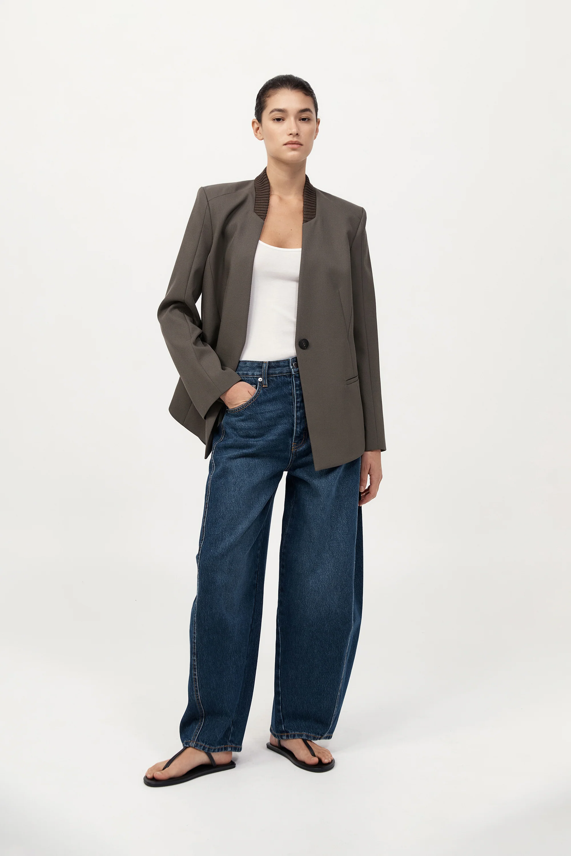 Rib Collar Blazer - Khaki