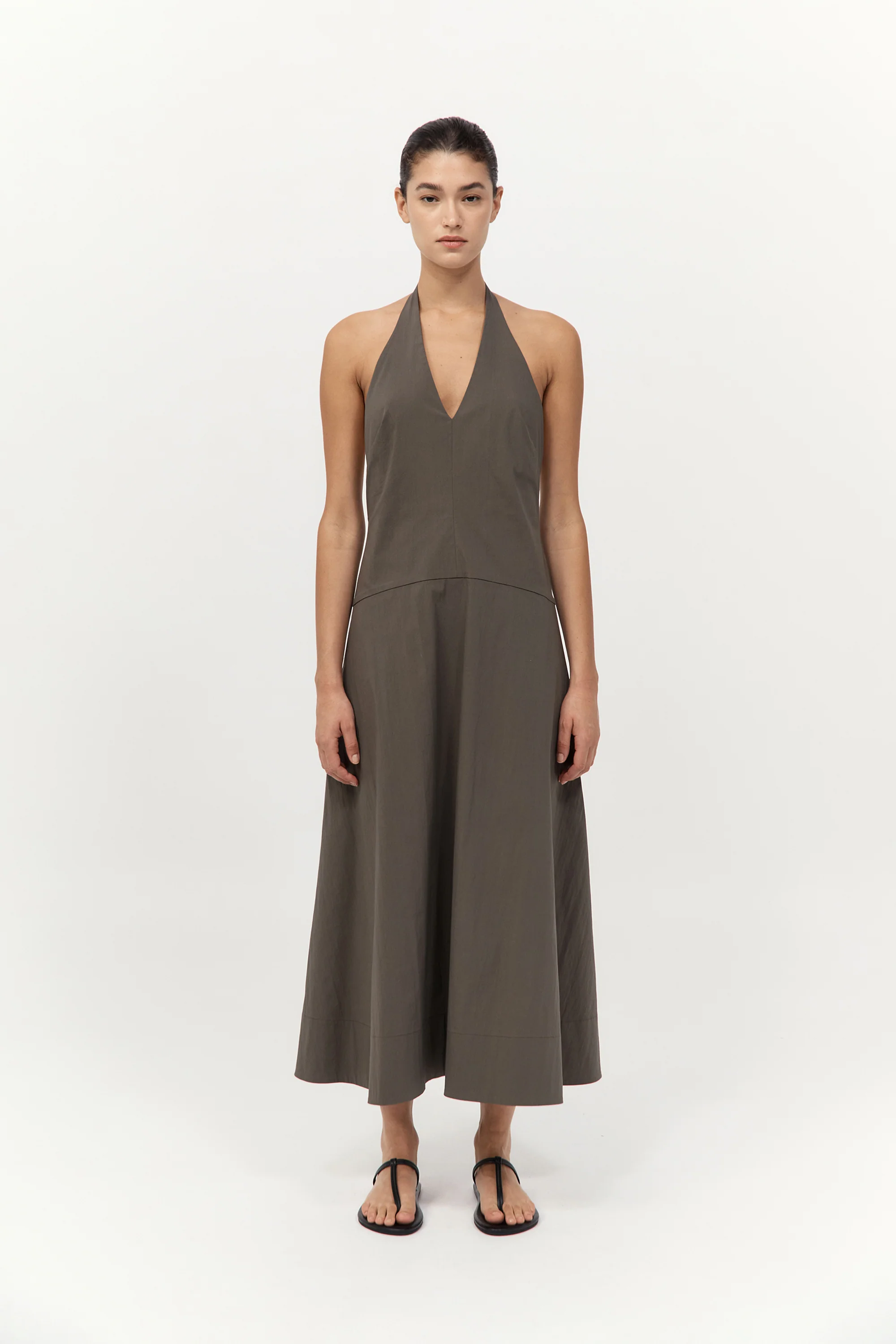 Halter Plunge Dress - Khaki