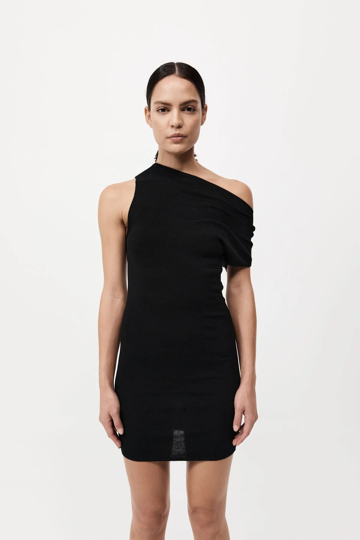 Asymmetric Knit Mini Dress - Black