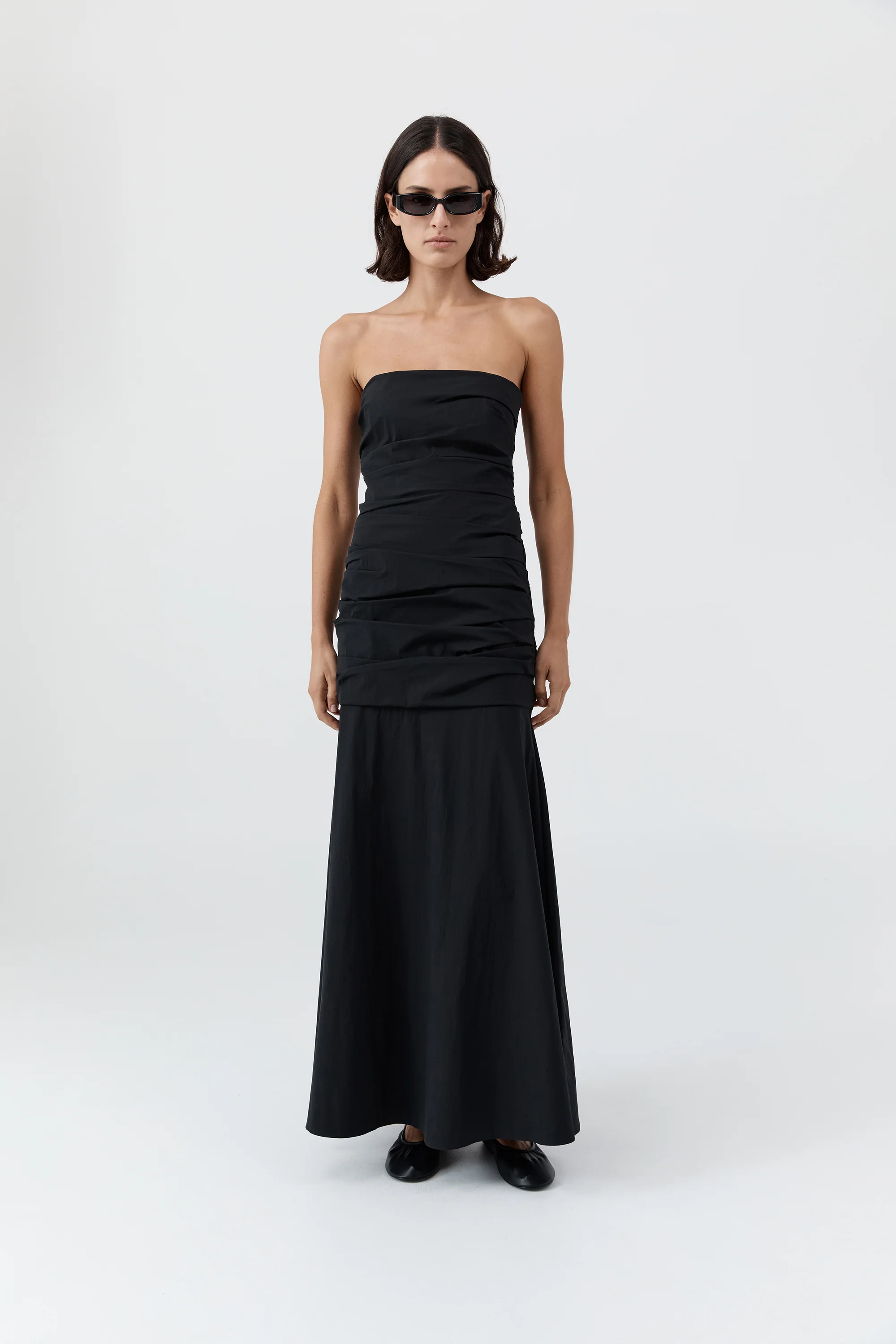 Gathered Strapless Longline Dress - Black