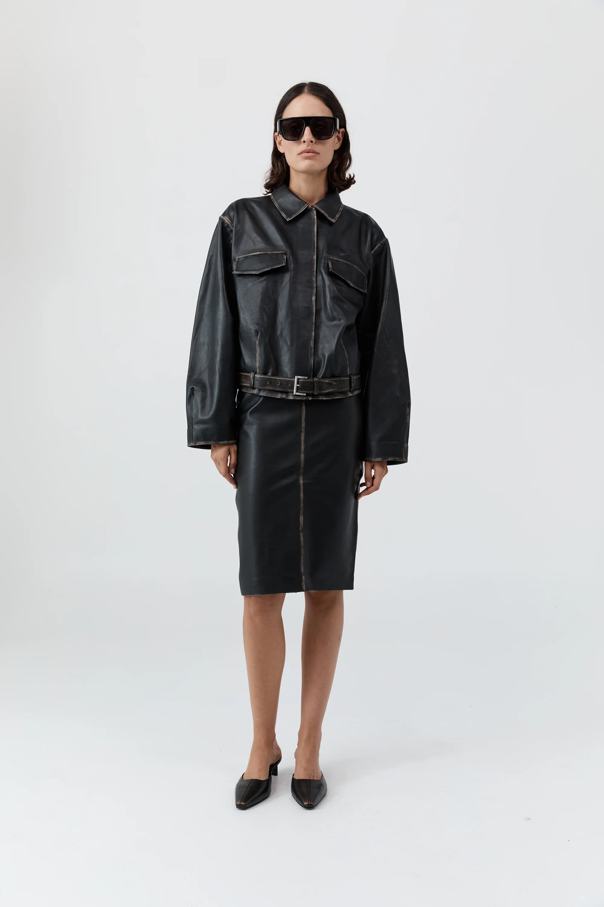 Brushed Leather Belted Jacket - Black