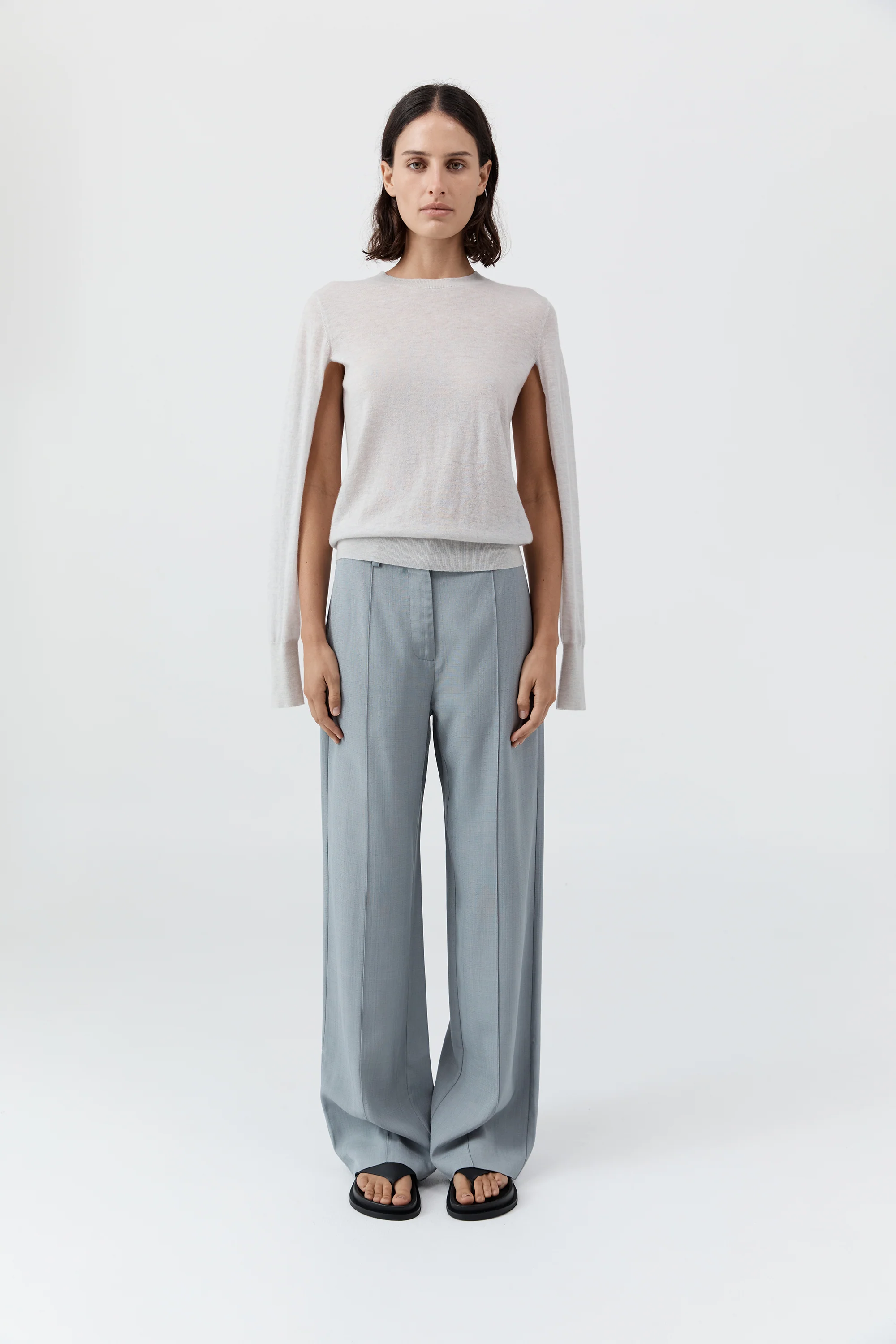 Merino Wool Slit Sleeve Sweater - Light Grey Marle