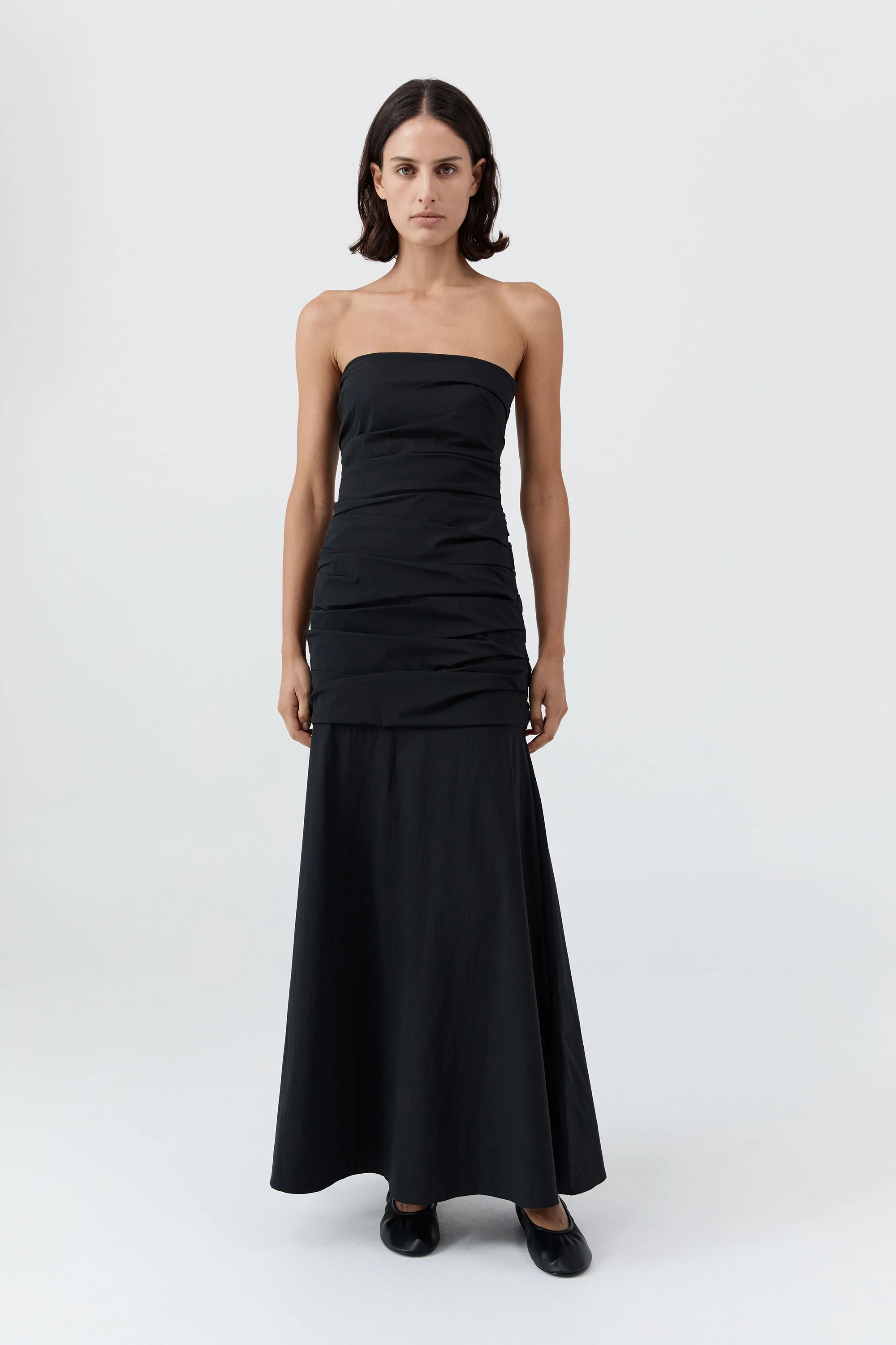 Gathered Strapless Longline Dress - Black