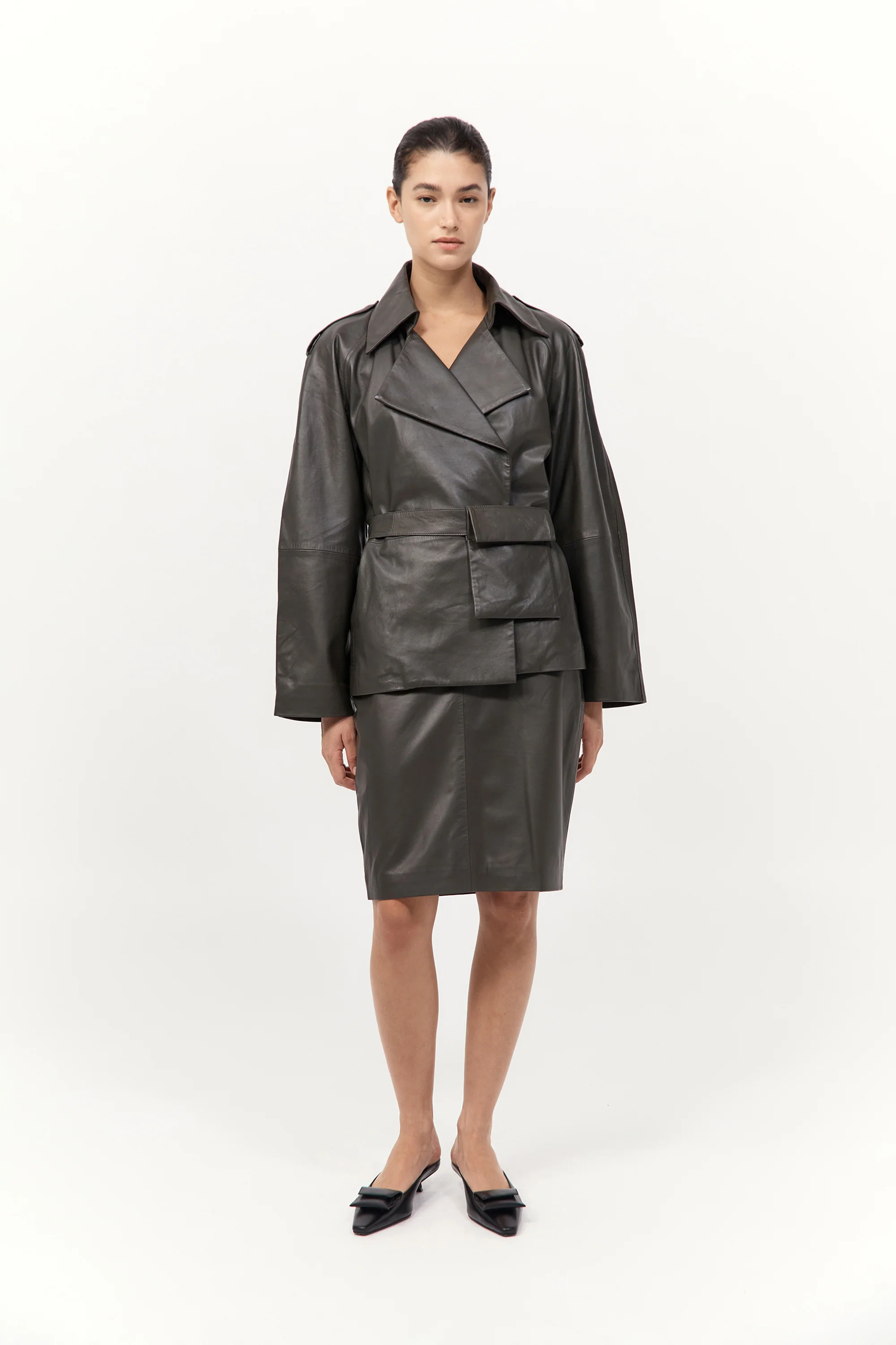 Cropped Leather Trench - Khaki
