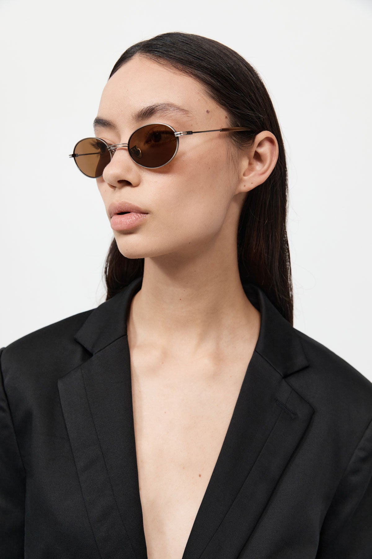 Fine Metal Oval Sunglasses - Chrome/Brown