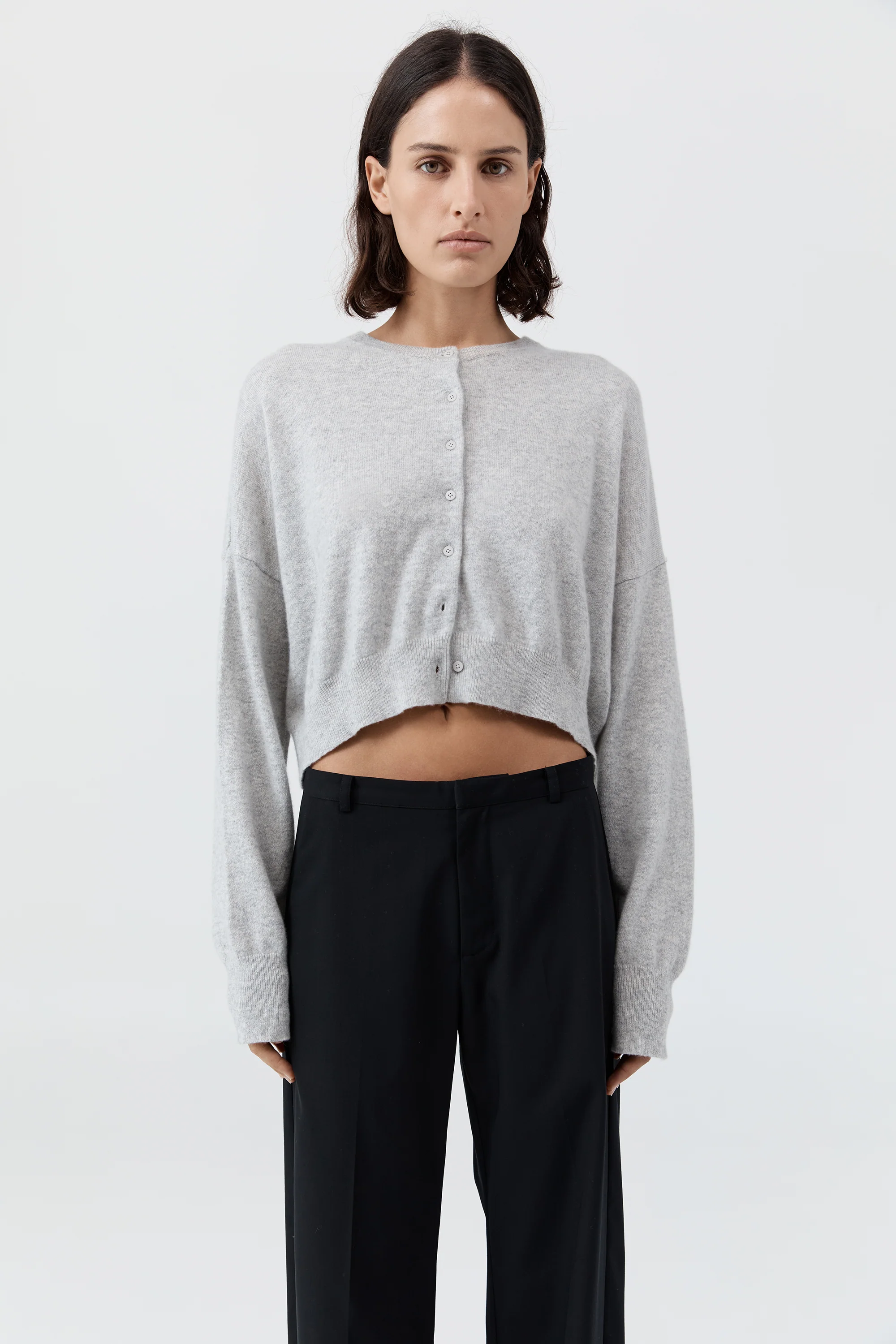 Cashmere Relaxed Cropped Cardigan - Grey Marle