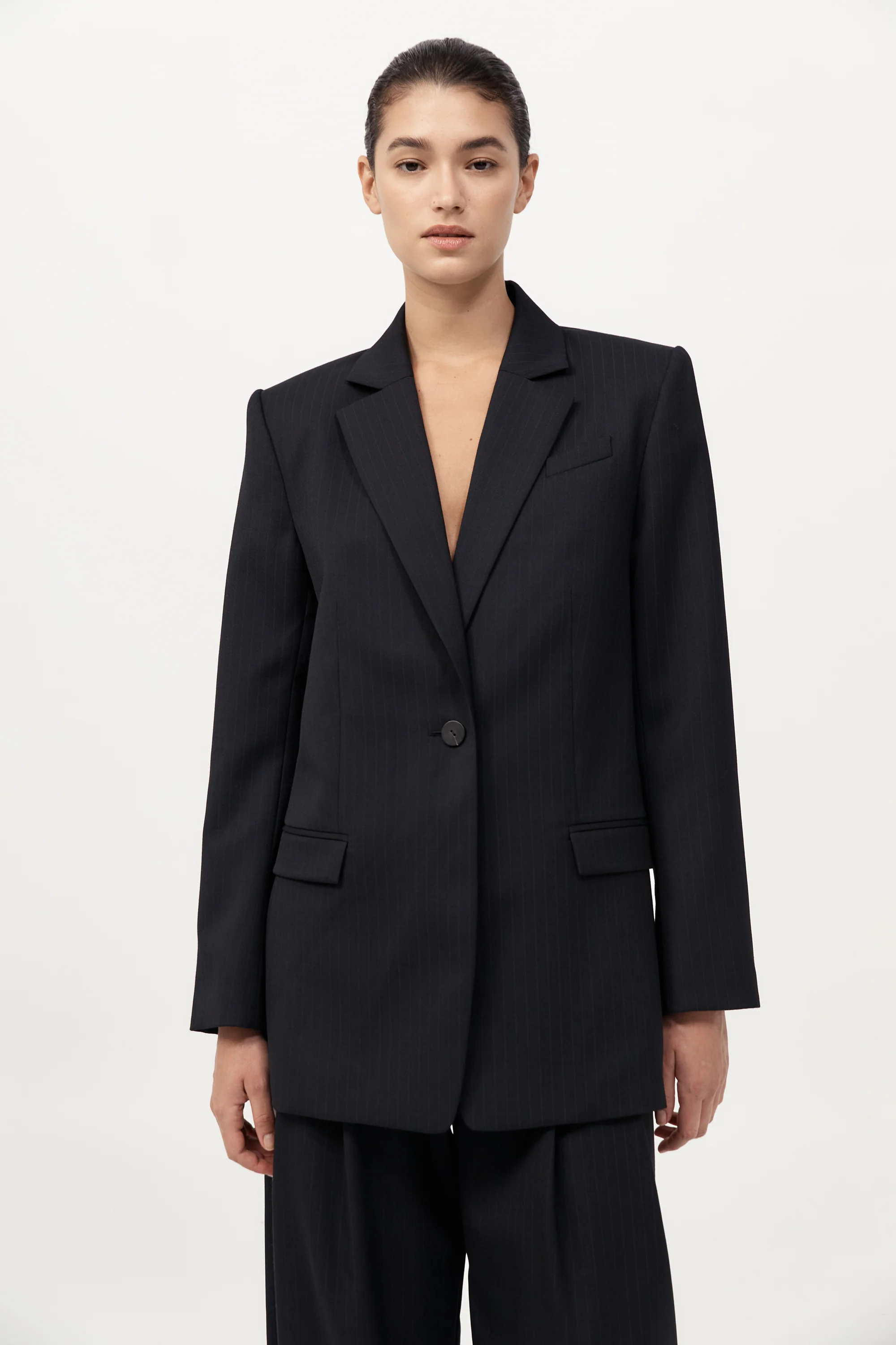 Split Back Blazer - Black Pinstripe