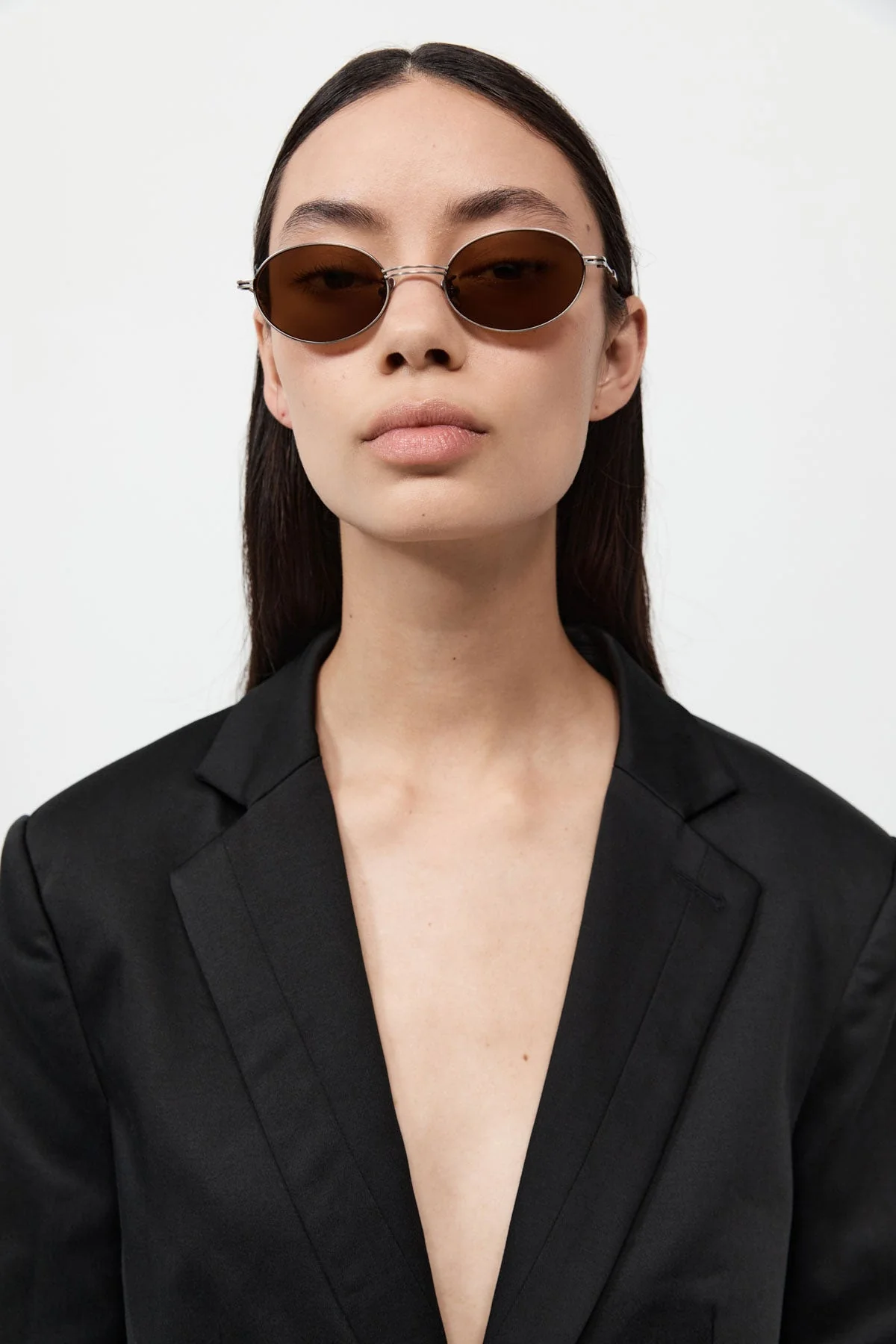 Fine Metal Oval Sunglasses - Chrome/Brown