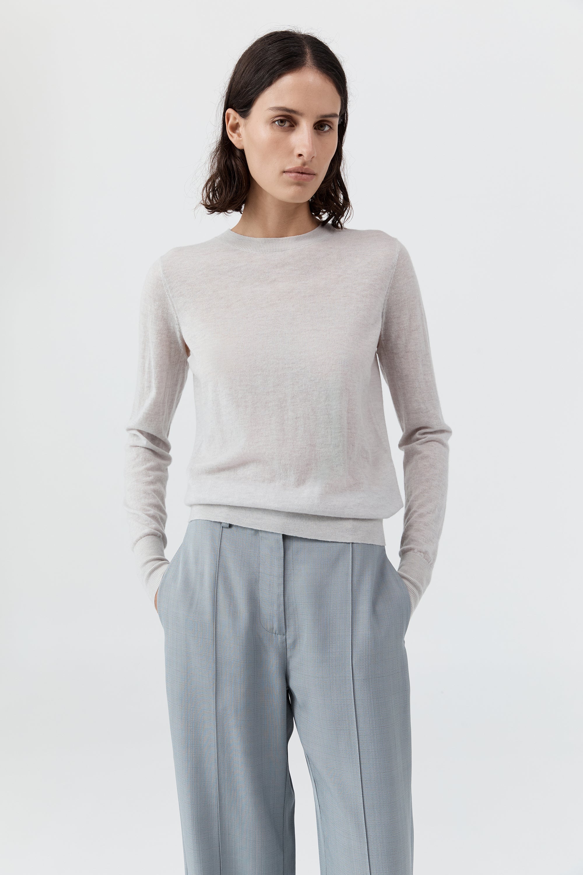 Merino Wool Slit Sleeve Sweater - Light Grey Marle