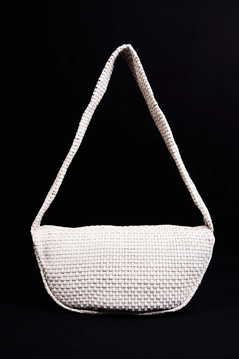 Lattice Weave Crescent Bag - Creme