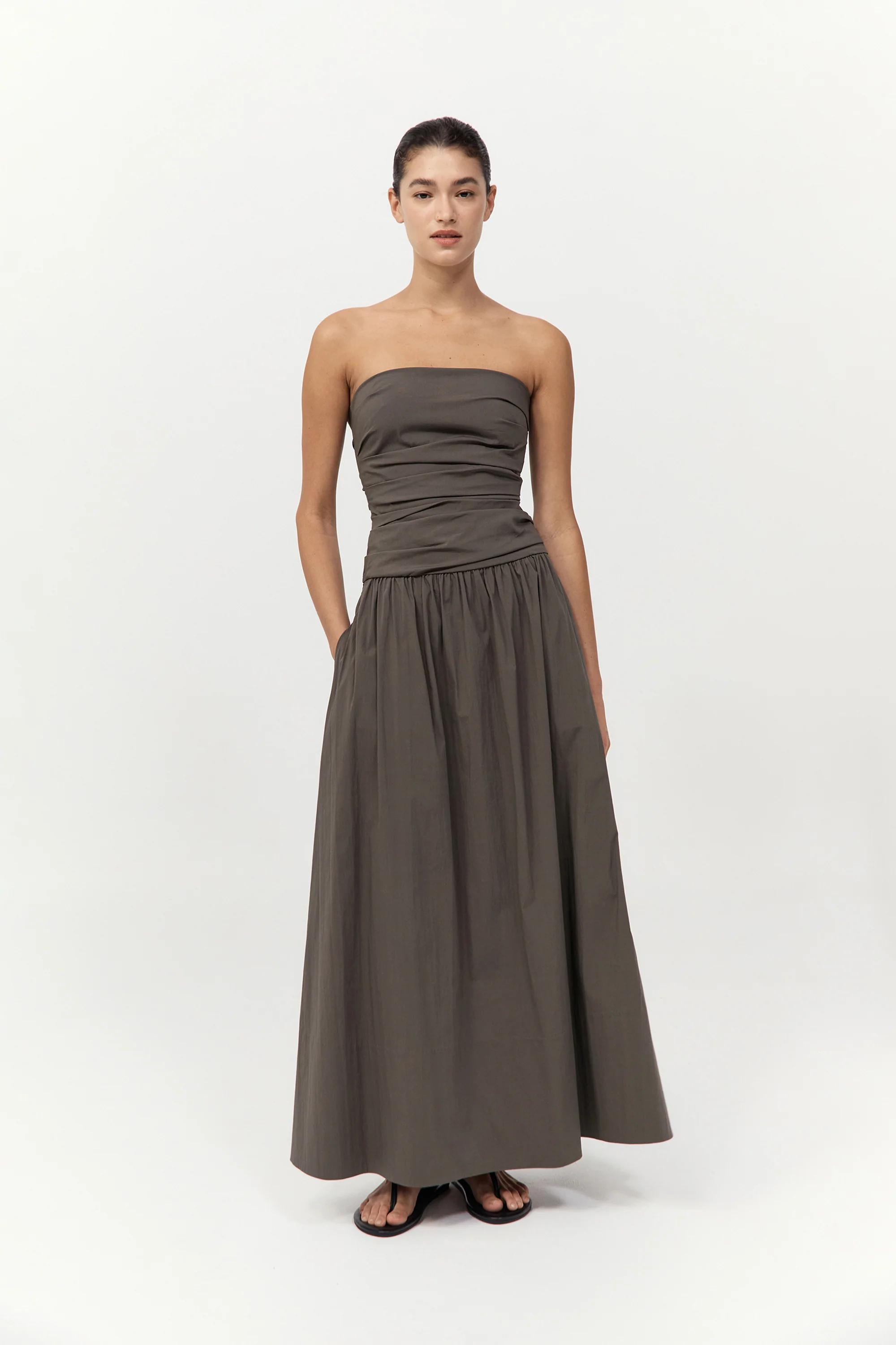 Gathered Strapless Tie Back Dress - Khaki