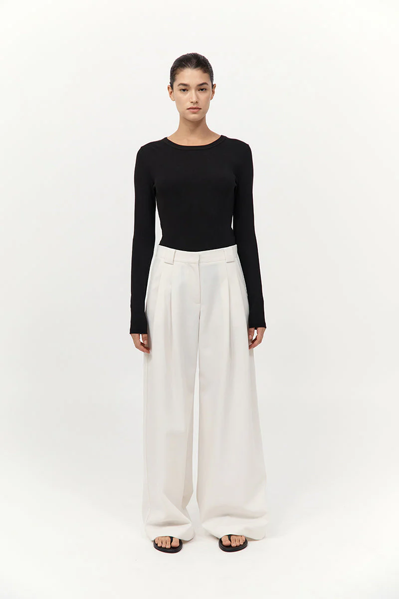 Twill Wide Leg Pleat Pants - Off White