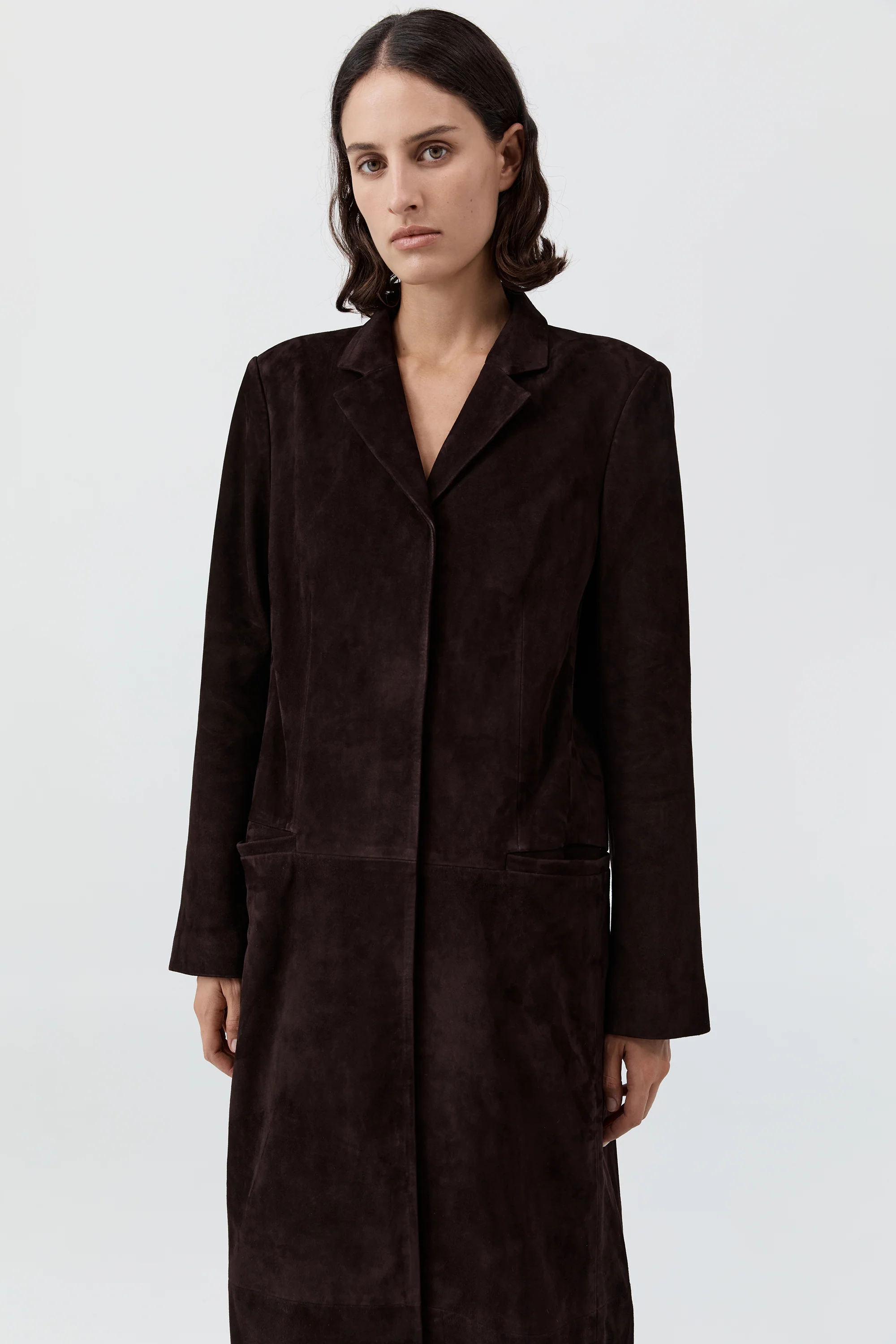 Suede Tailored Coat - Coffee