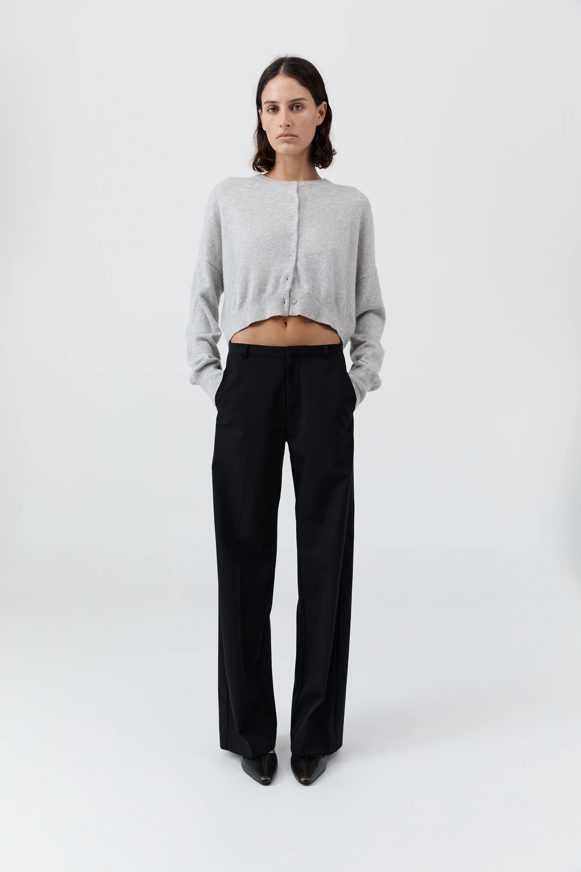 Cashmere Relaxed Cropped Cardigan - Grey Marle
