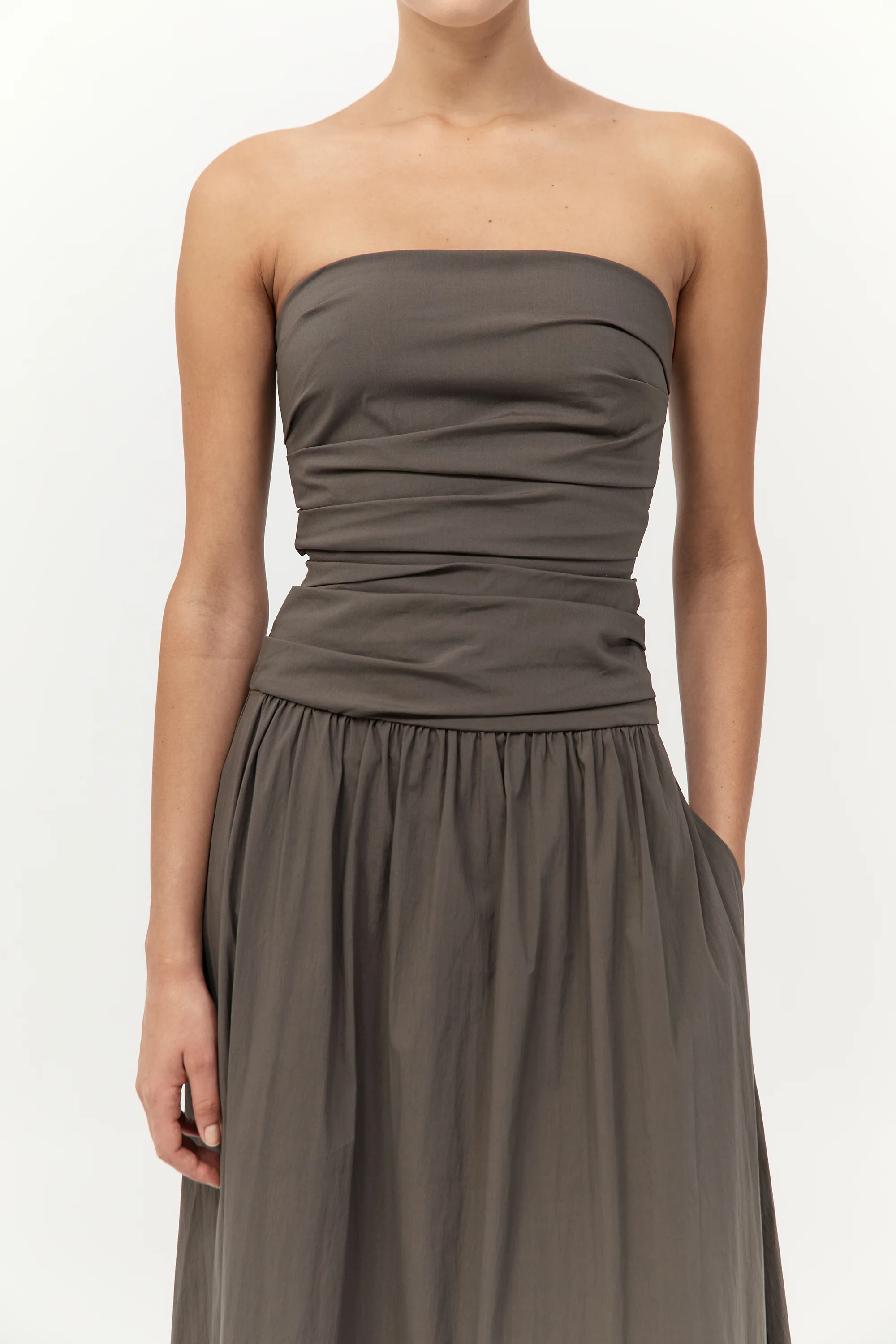 Gathered Strapless Tie Back Dress - Khaki