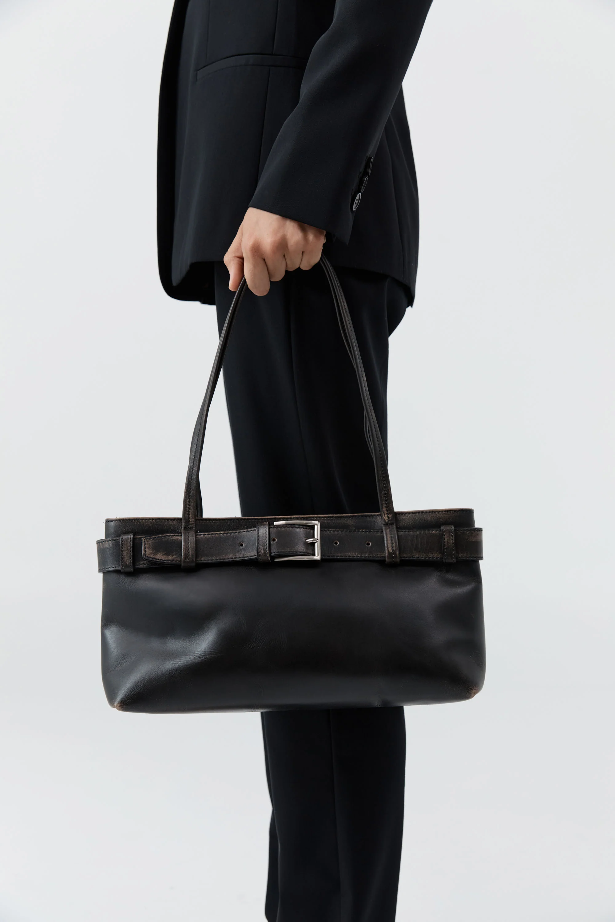 Brushed Belt Detail Baguette - Black