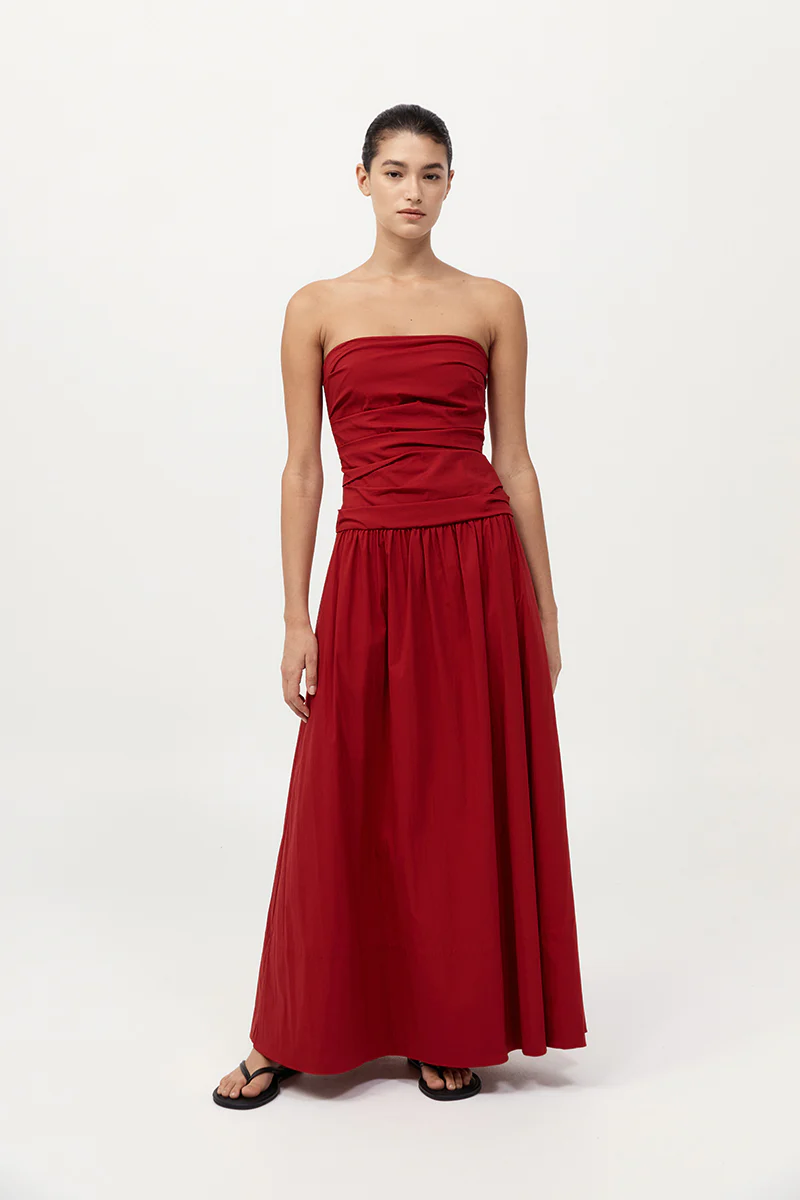 Gathered Strapless Tie Back Dress - Rosso