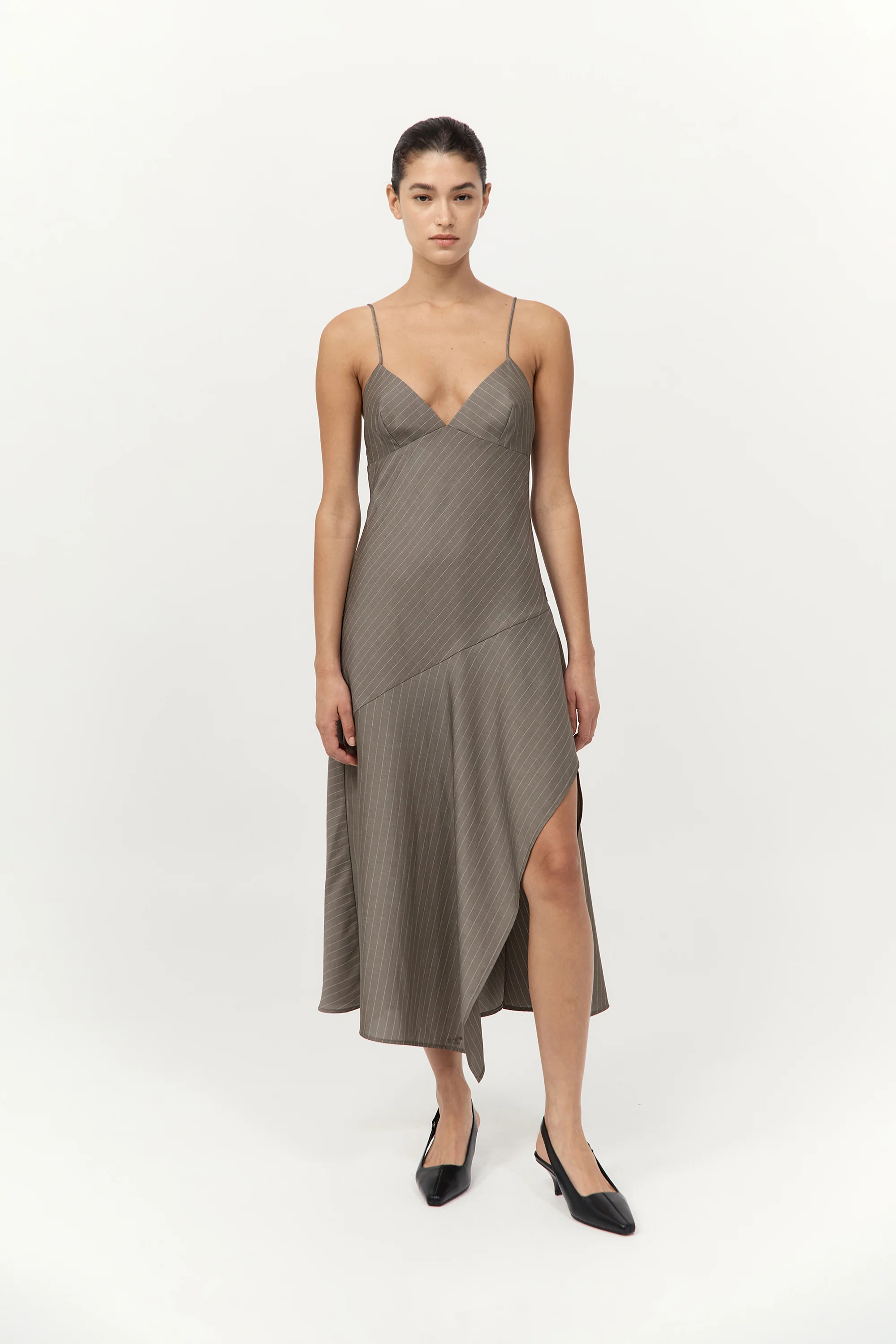 Asymmetric Slip Dress - Khaki Pinstripe