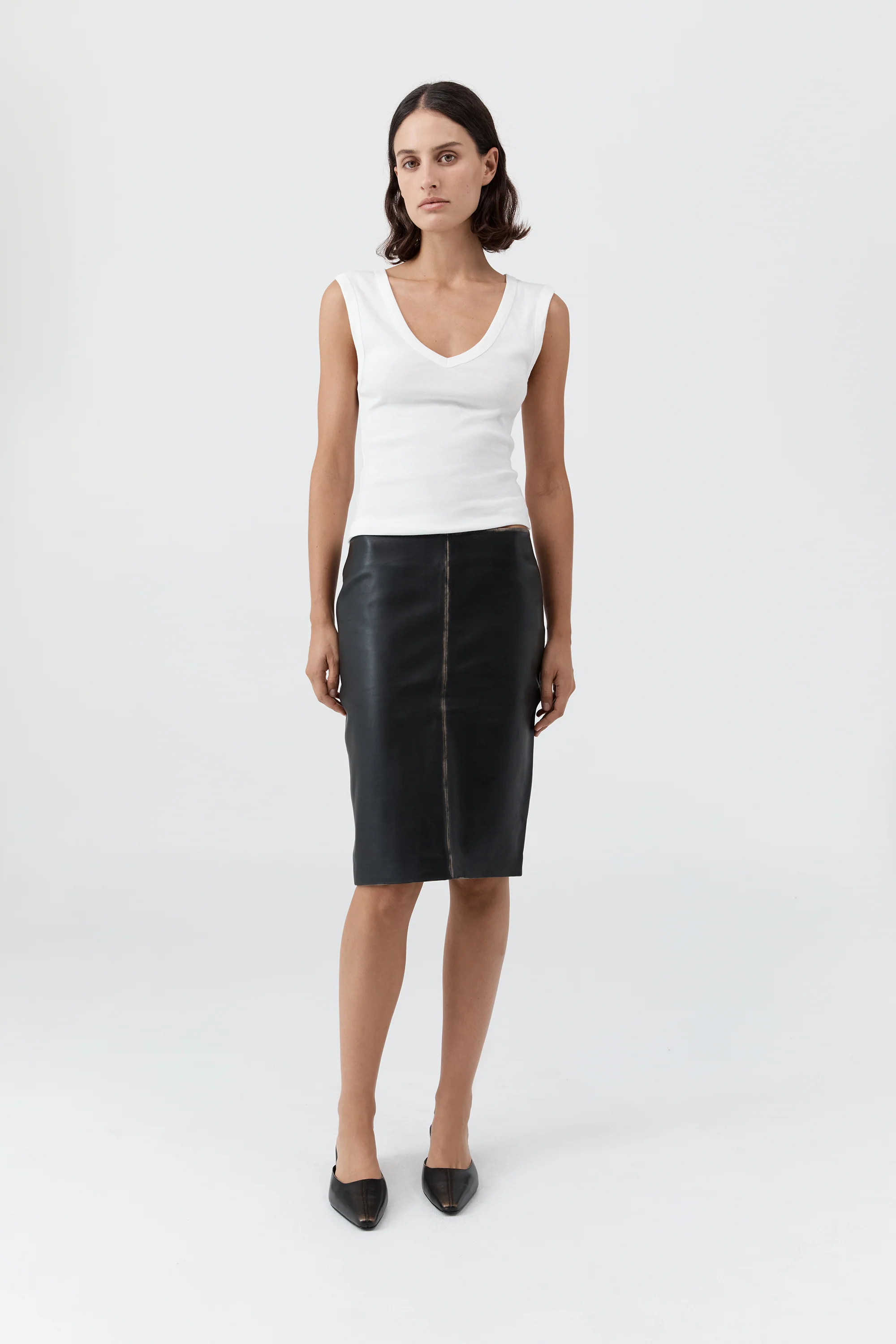 Brushed Leather Pencil Skirt - Black