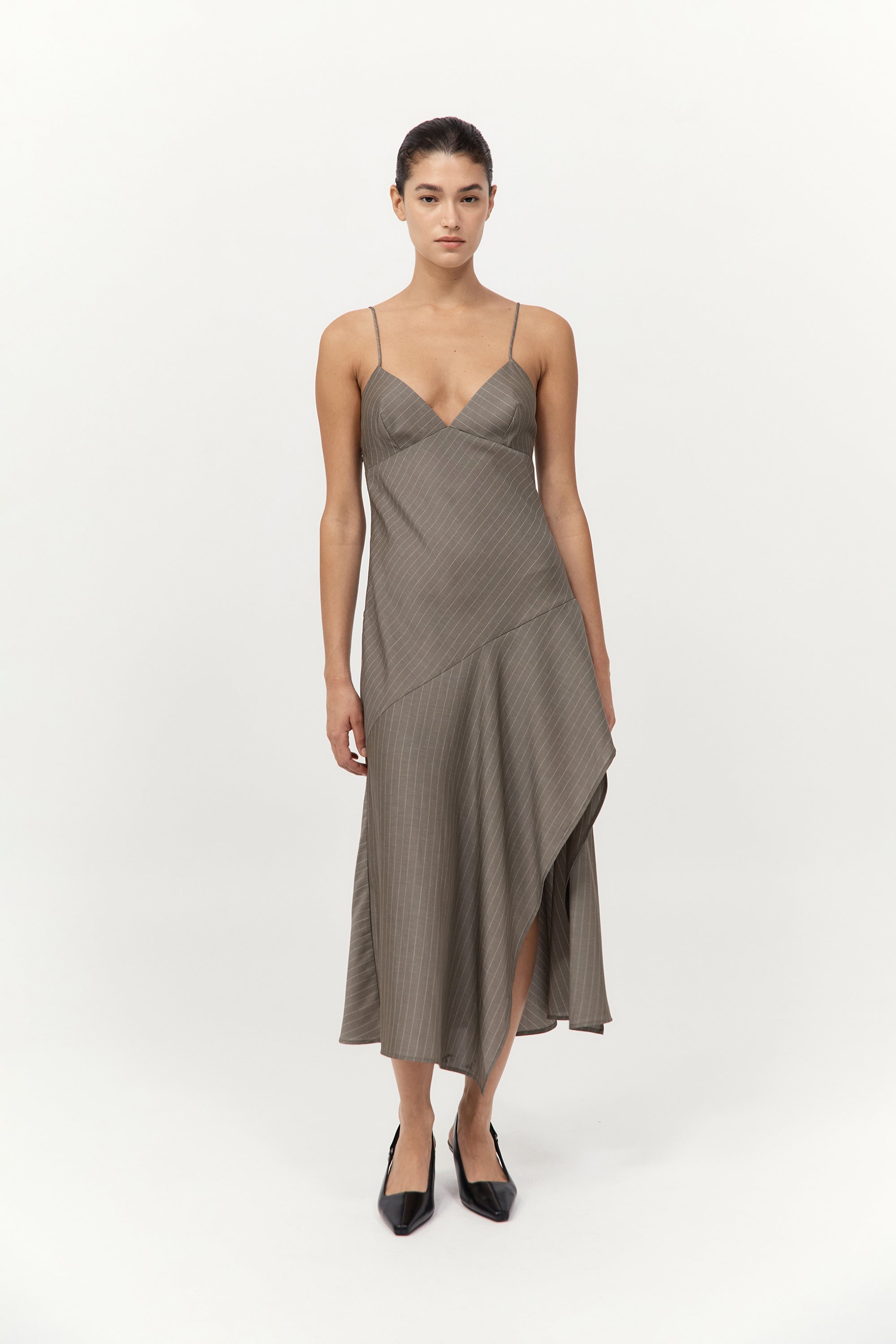 Asymmetric Slip Dress - Khaki Pinstripe