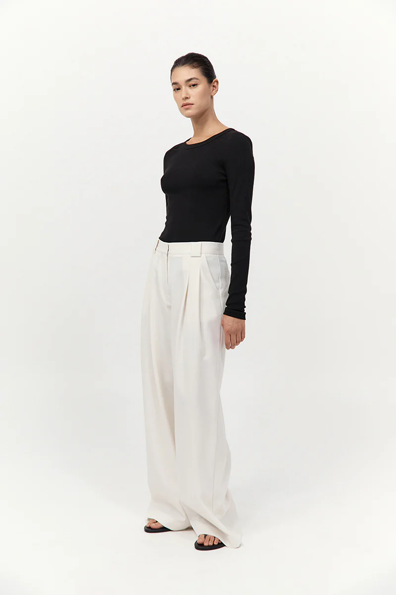 Twill Wide Leg Pleat Pants - Off White