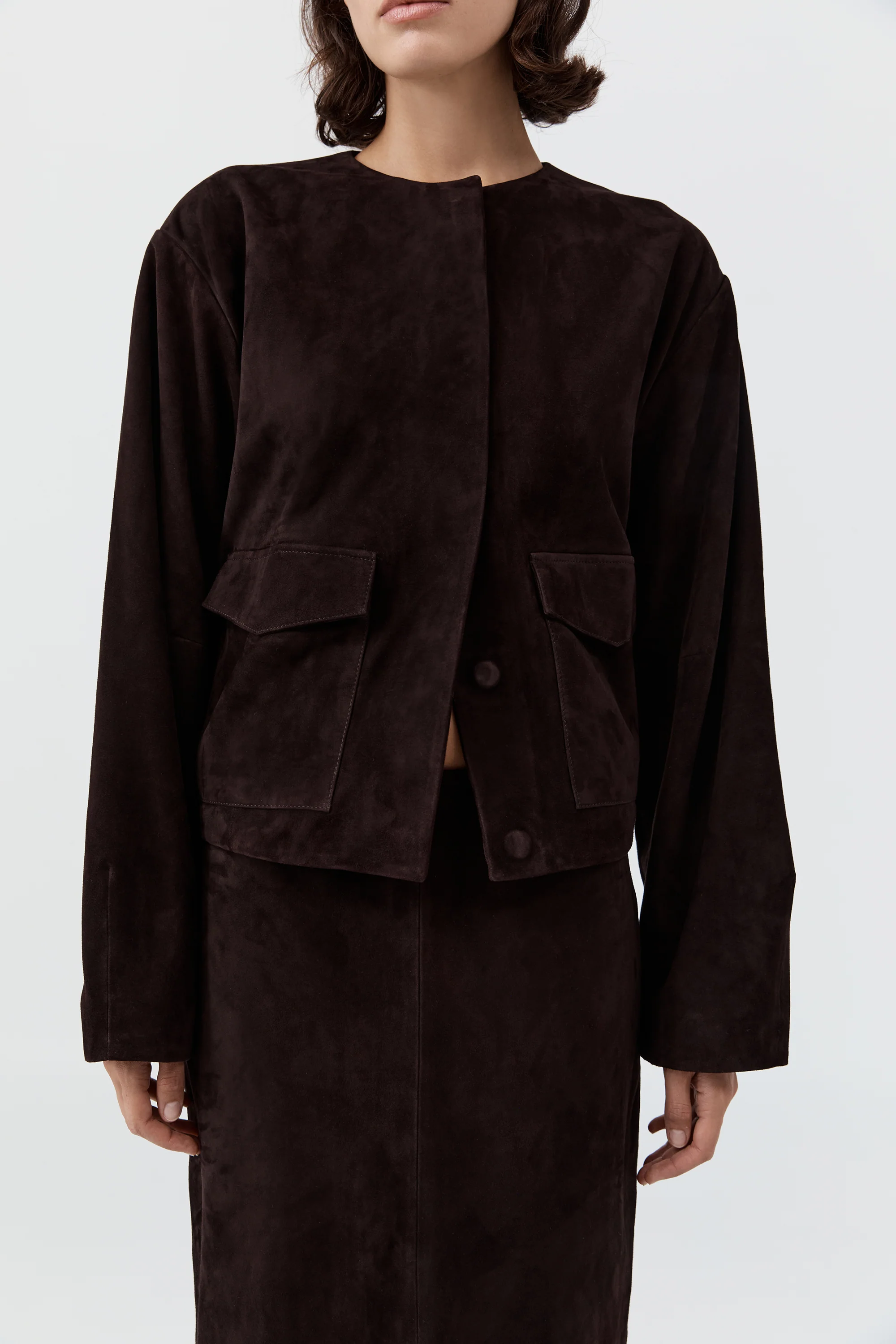 Suede Utility Cocoon Bomber - Coffee