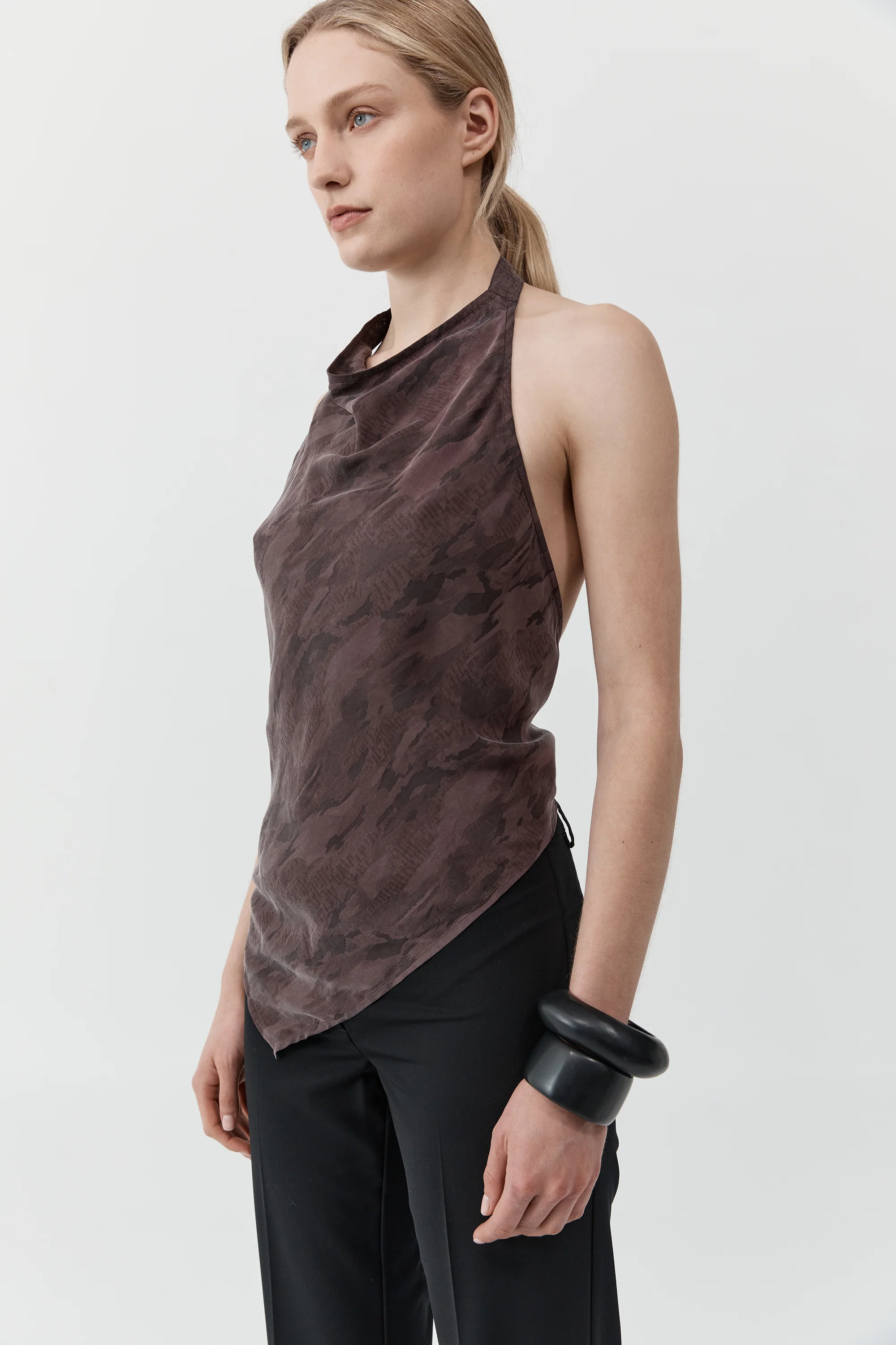 Jacquard Cowl Tie Top - Chocolate Plum