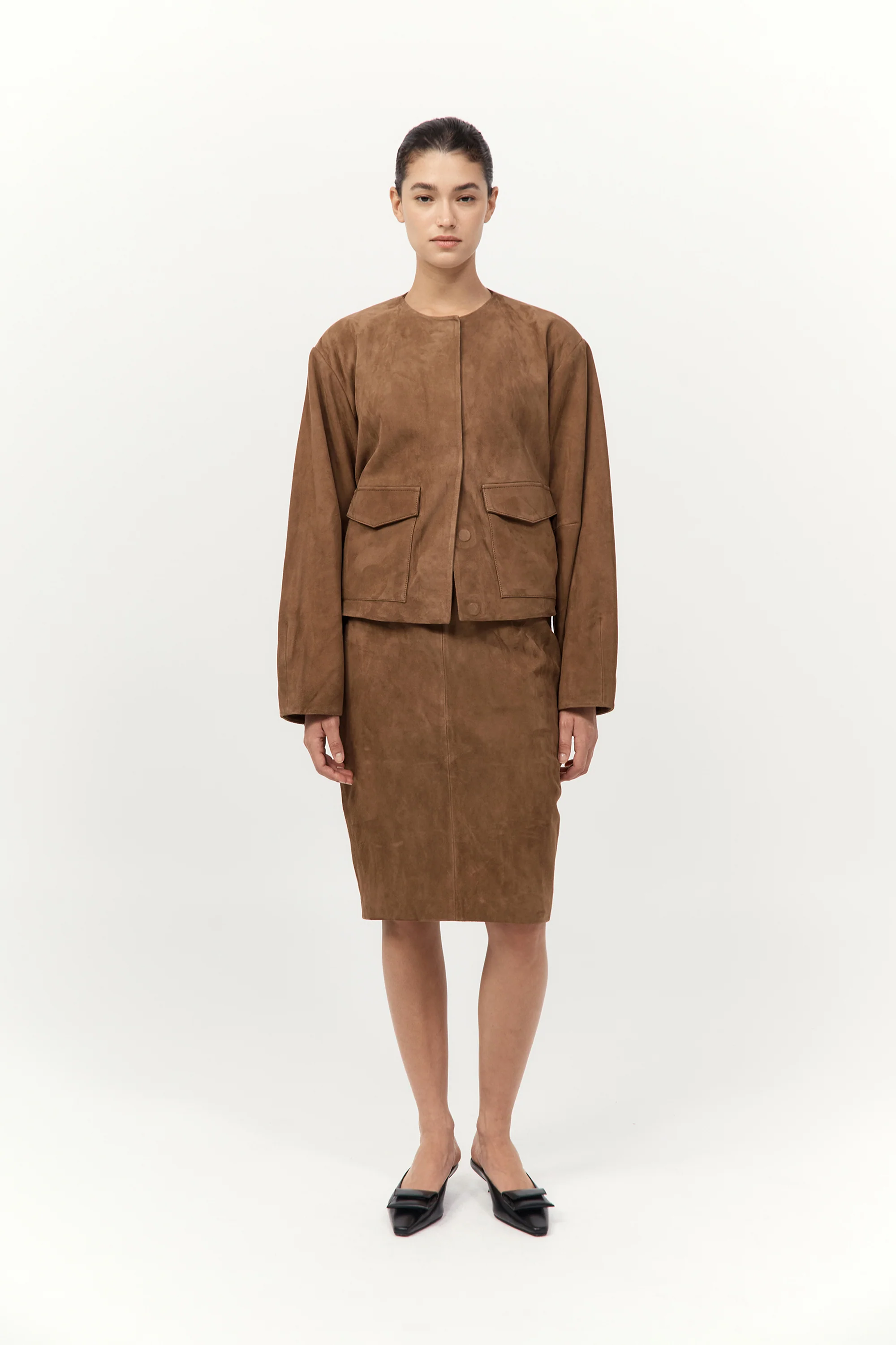 Suede Utility Cocoon Bomber - Toffee