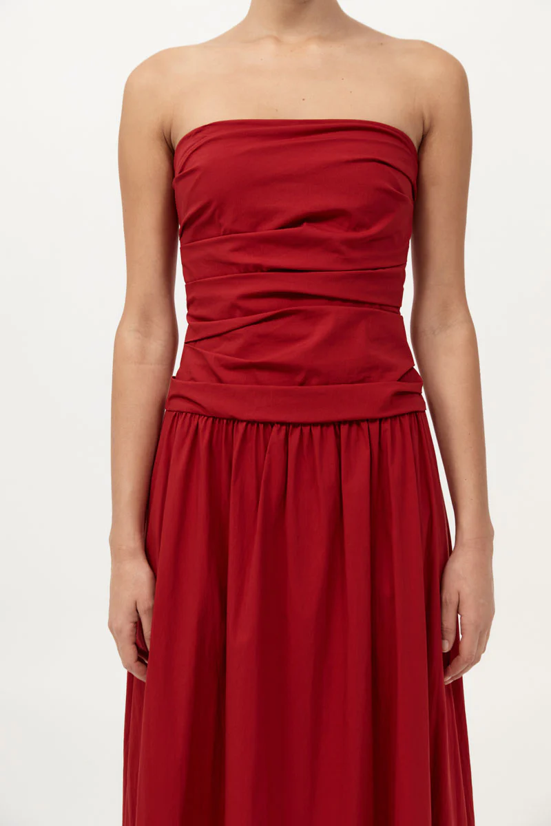 Gathered Strapless Tie Back Dress - Rosso