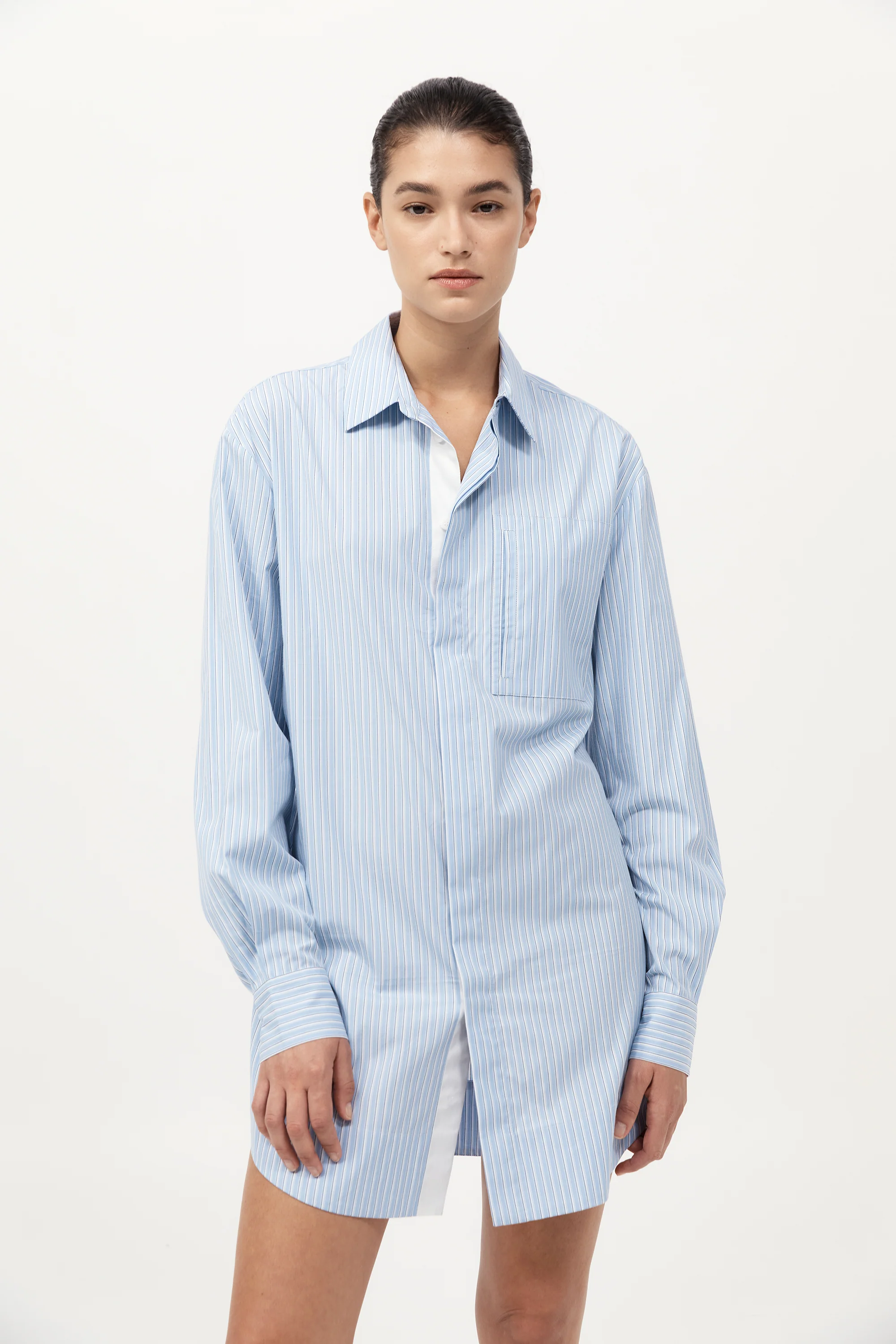 Drawstring Mini Shirt Dress - Pale Blue Stripe