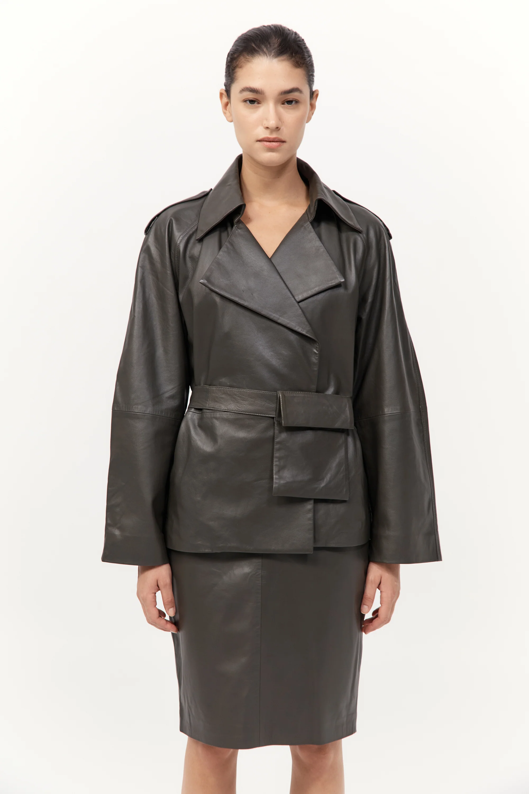 Cropped Leather Trench - Khaki