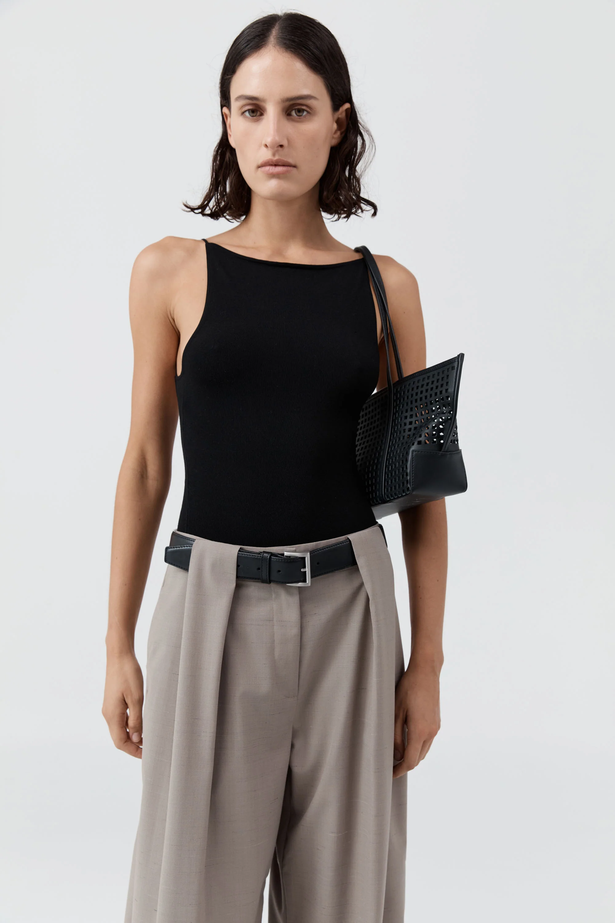 Perforated Slim Bateau Tote - Black