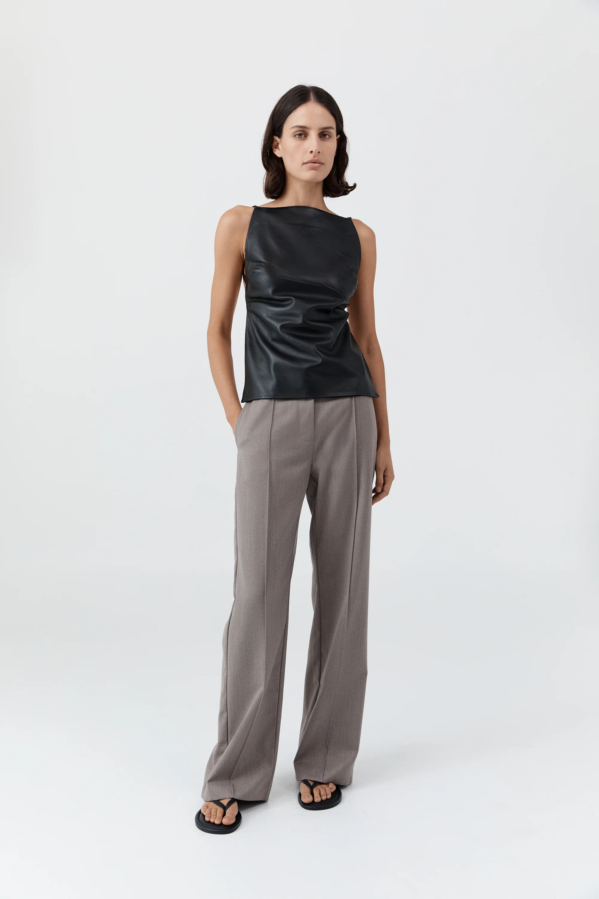 Leather Square Neck Top - Black