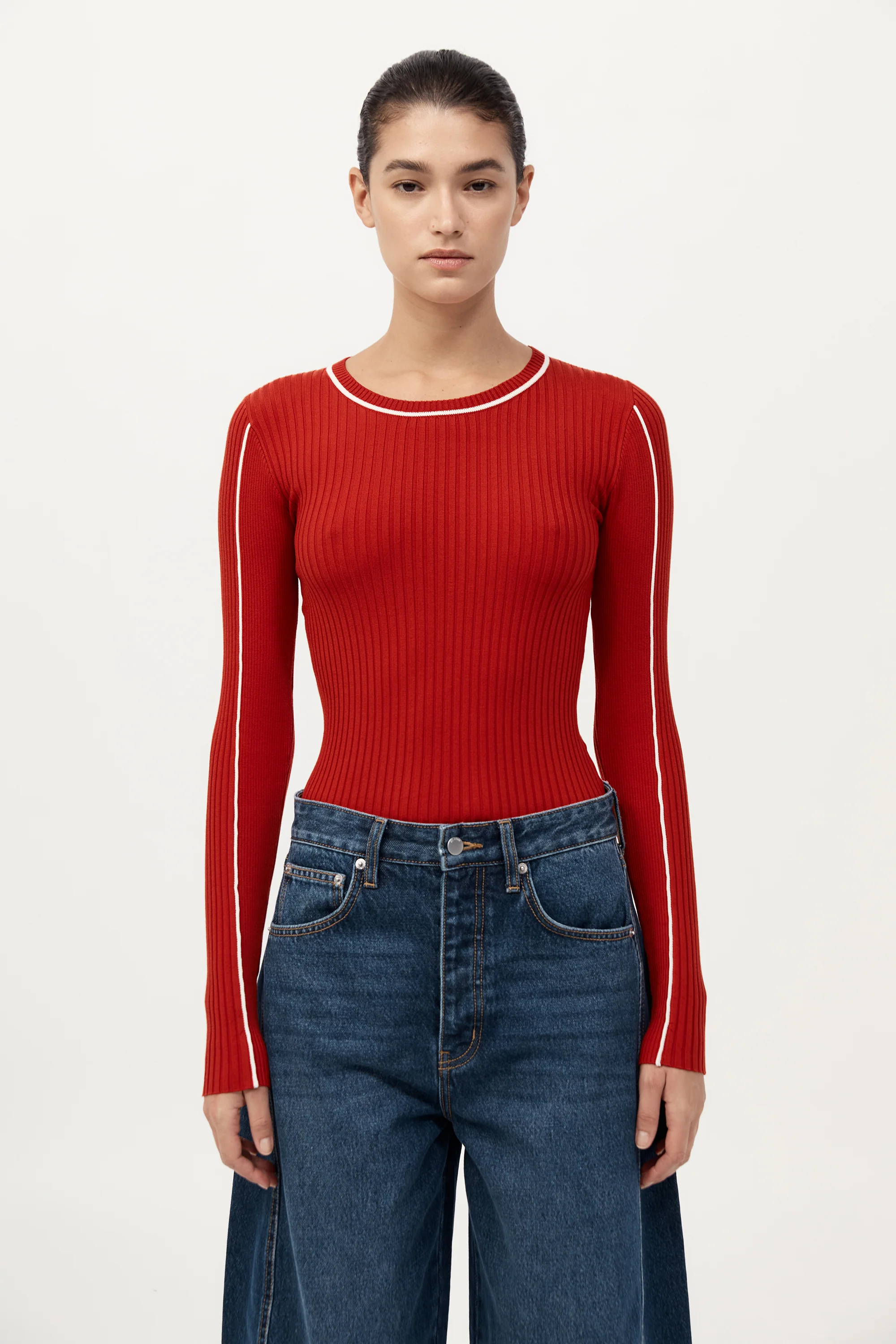 Fine Line Long Sleeve Top - Red / Off White