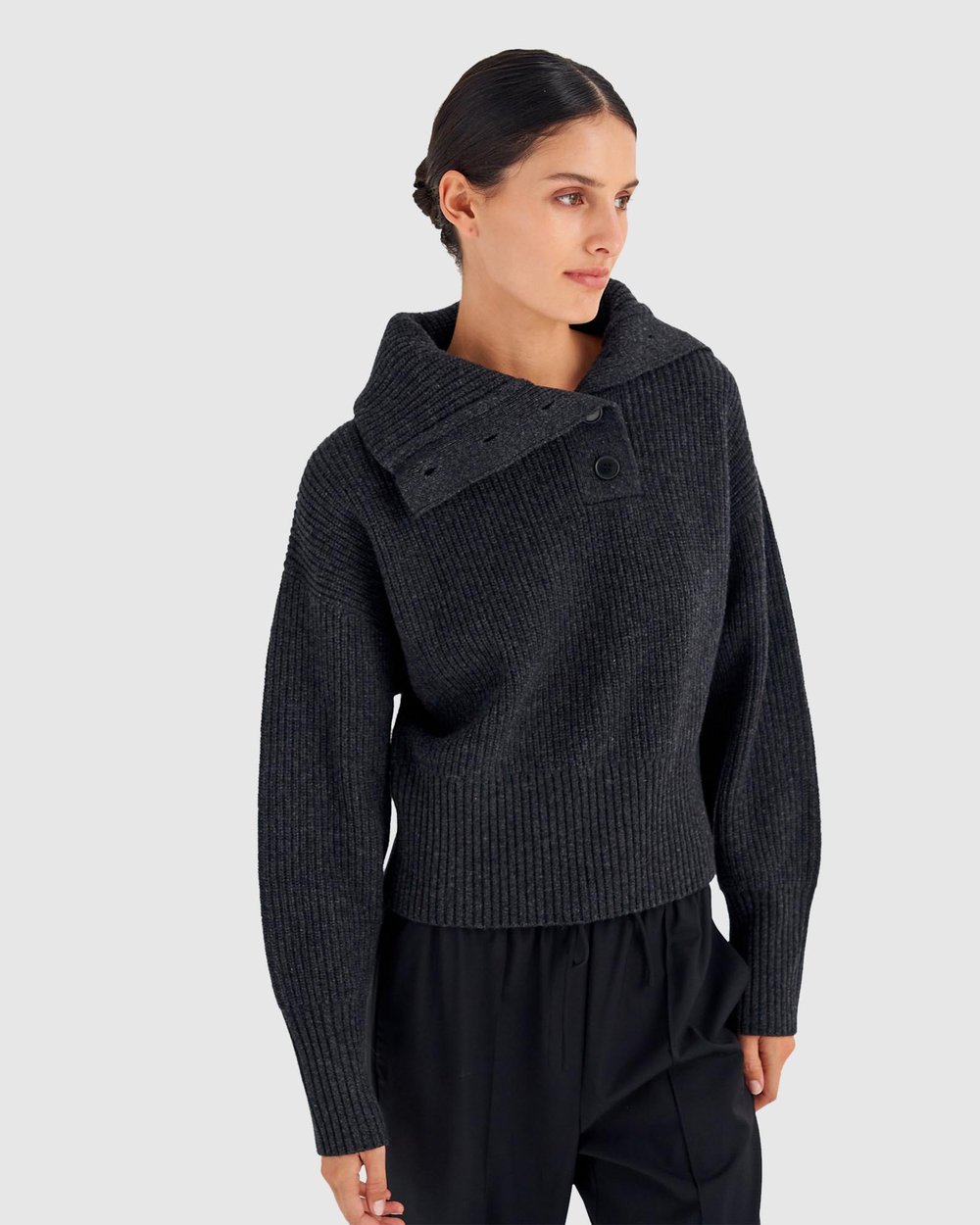 Button Detail Ribbed Collar Knit