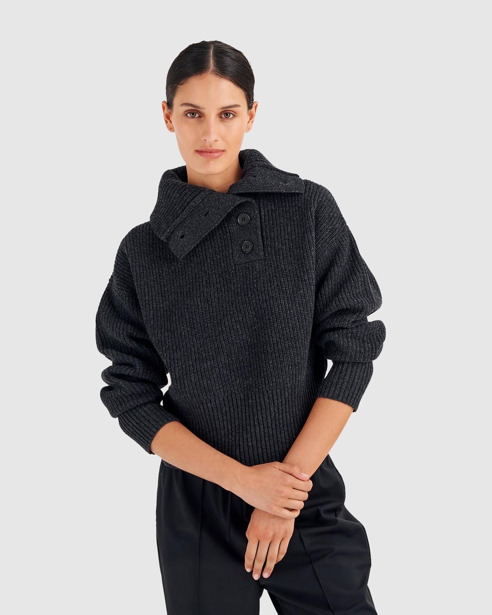 Button Detail Ribbed Collar Knit