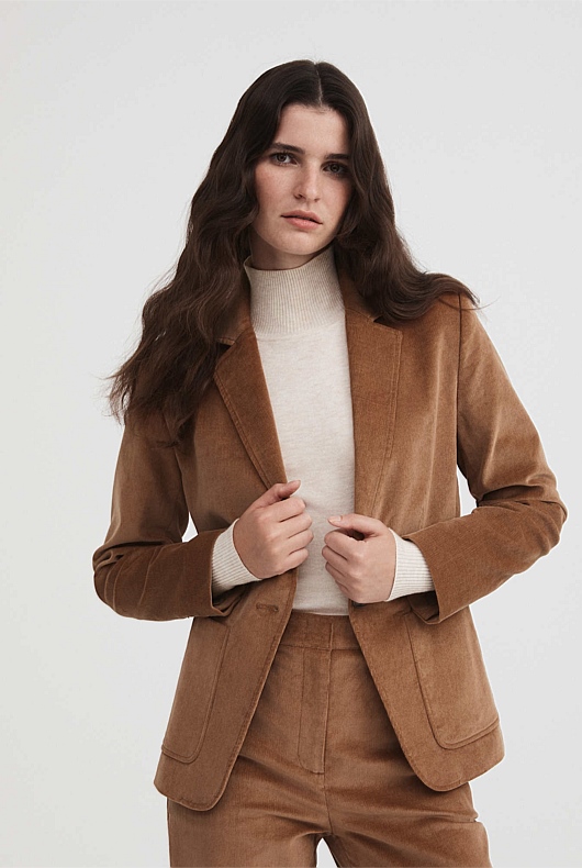 Cotton Cord Single Breasted Blazer - Camel
