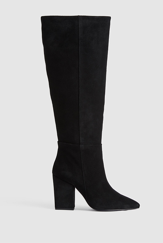 Suede Knee High 90mm Heeled Boot - Black