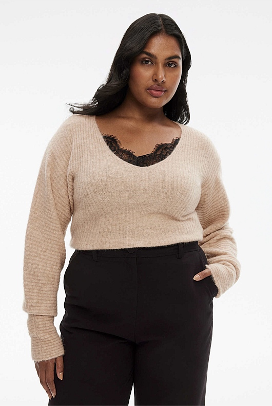 Alpaca Blend Rib V Neck Knit - Pebble