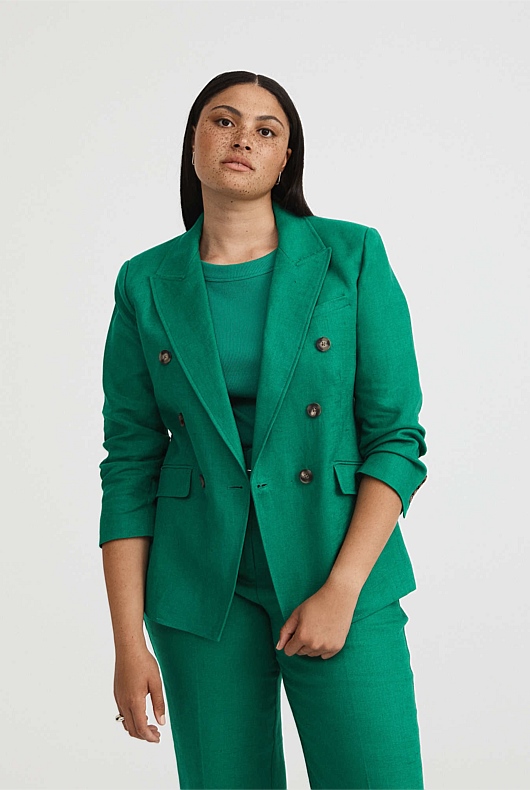 Linen Double-Breasted Crop Sleeve Blazer - Aqua Green