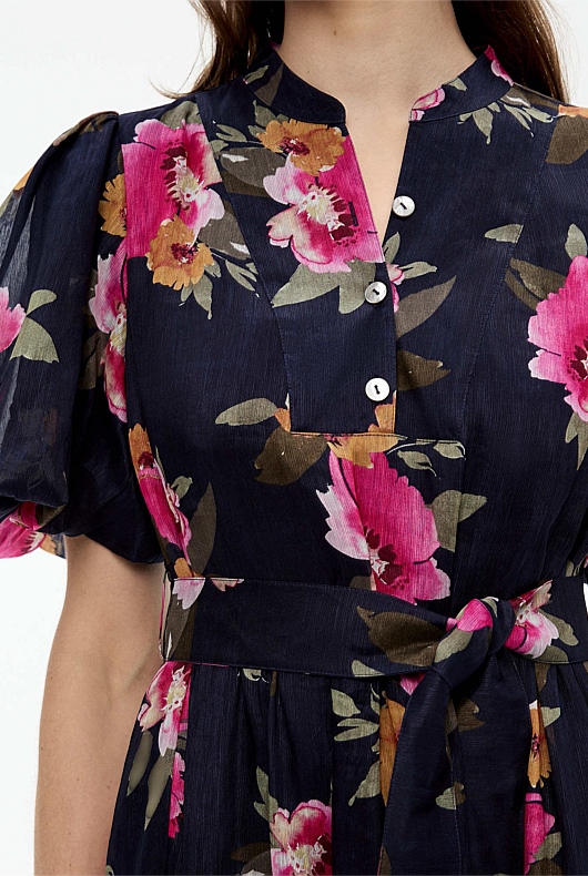 Watercolour Print Midi Dress - Midnight Blue