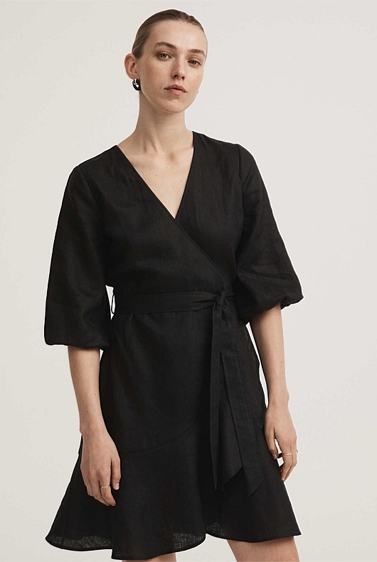 Linen Wrap Dress - Black