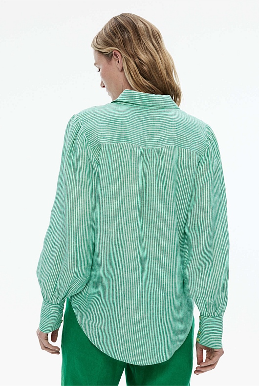 Linen Stripe Volume Sleeve Shirt - Bottle Green