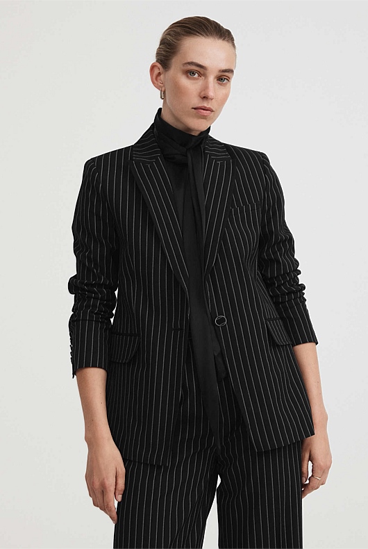 Single-Breasted Pinstripe Blazer - Black