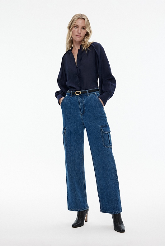 High Neck Raglan Sleeve Blouse - Blue Night