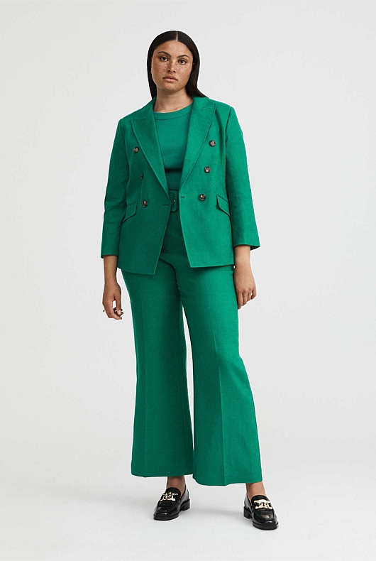 Linen Double-Breasted Crop Sleeve Blazer - Aqua Green