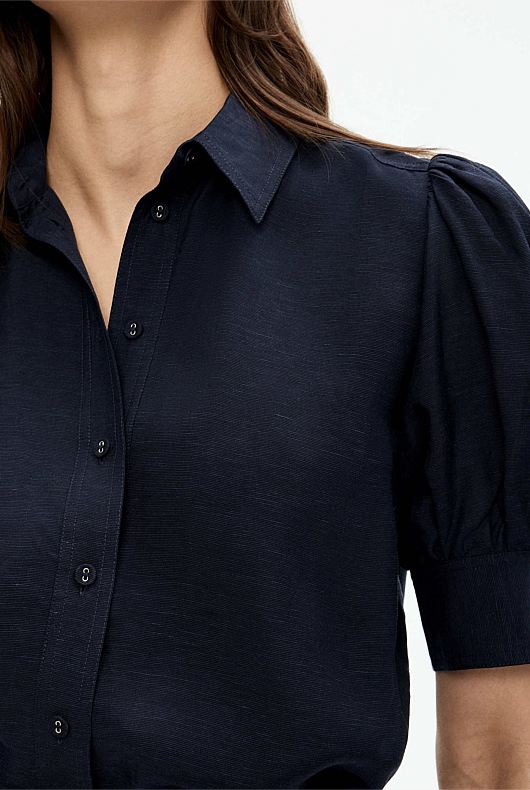 Gathered Puff Sleeve Blouse - Blue Night