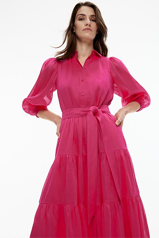 Silk Linen Midi Dress - Dahlia Pink