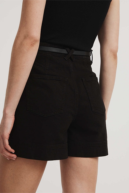 Pleat Detail Denim Short - Black